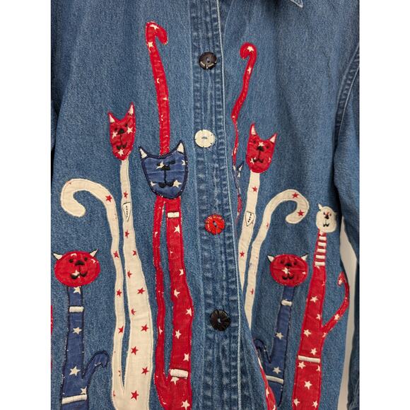 Vintage Life Style Cat Chambray Button Down USA Embroidered Women's PP - Picture 2 of 8